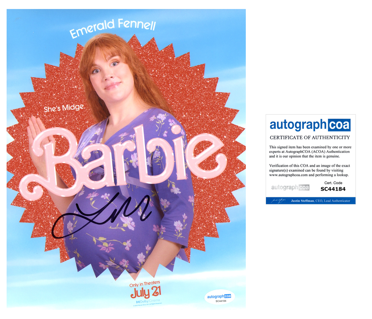 Emerald Fennell Barbie Signed Autograph 8x10 Photo ACOA | Outlaw
