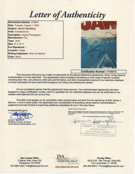 Steven Spielberg Jaws Signed Autograph JSA LOA COA
