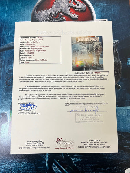 Steven Spielberg Jurassic Park Signed Autograph 12x18 JSA LOA