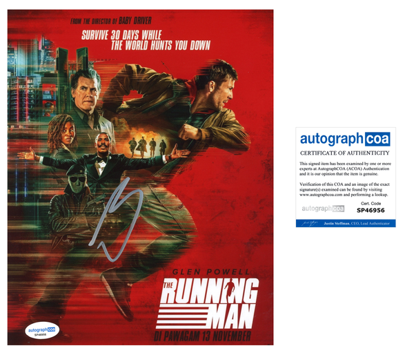 Glen Powell Running Man Signed Autograph 8x10 Photo ACOA