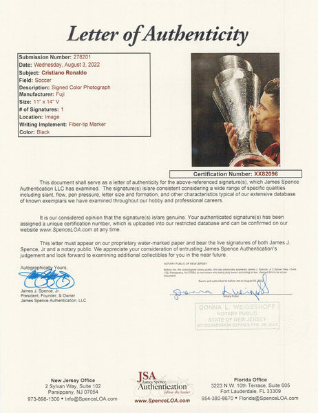 Cristiano Ronaldo Portugal Signed Autograph 11x14 JSA LOA