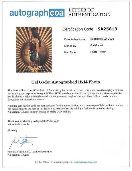Gal Gadot Wonder Woman Signed Autograph 11x14 ACOA LOA